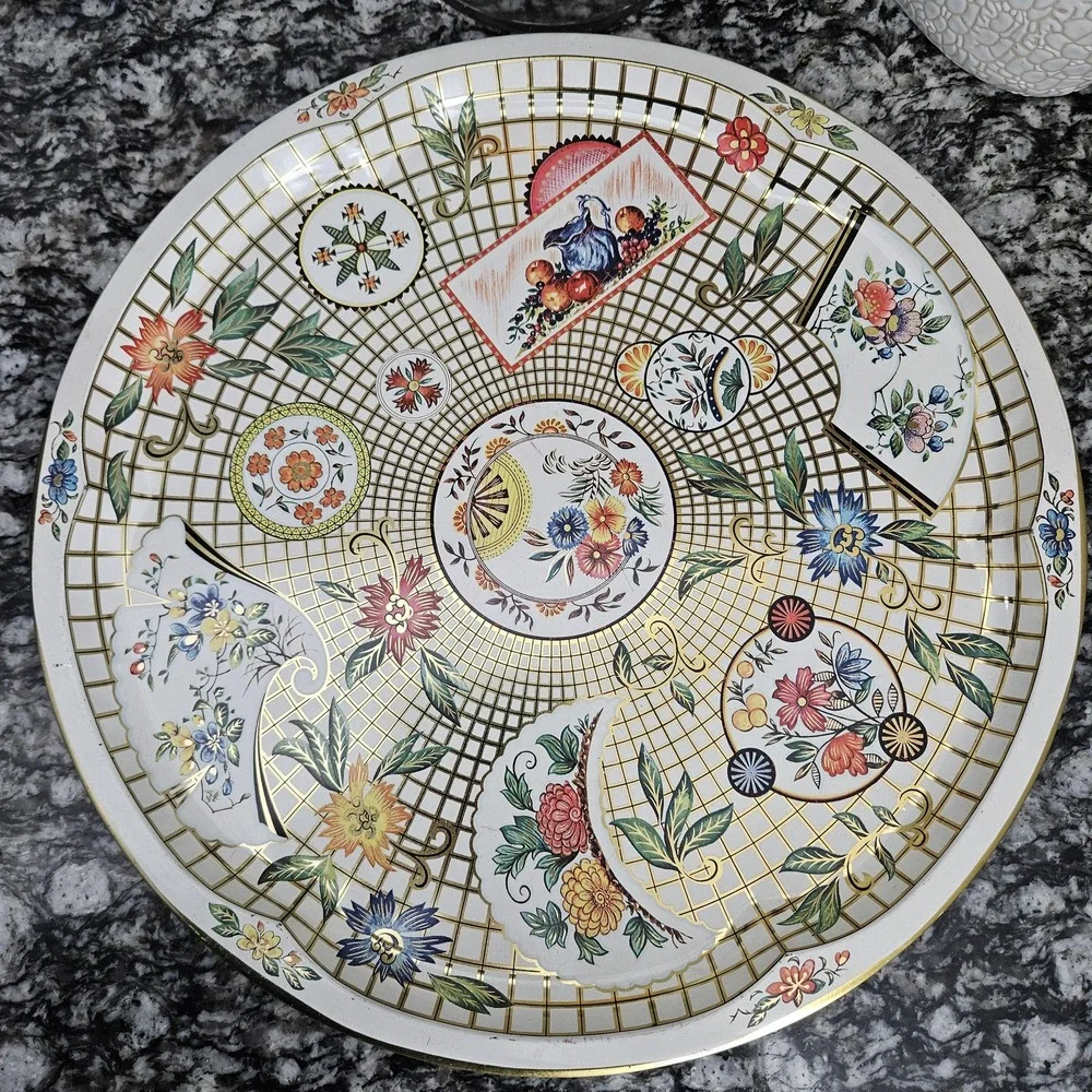 Vintage Daher Round Tray‎ Lattice Floral Made in England